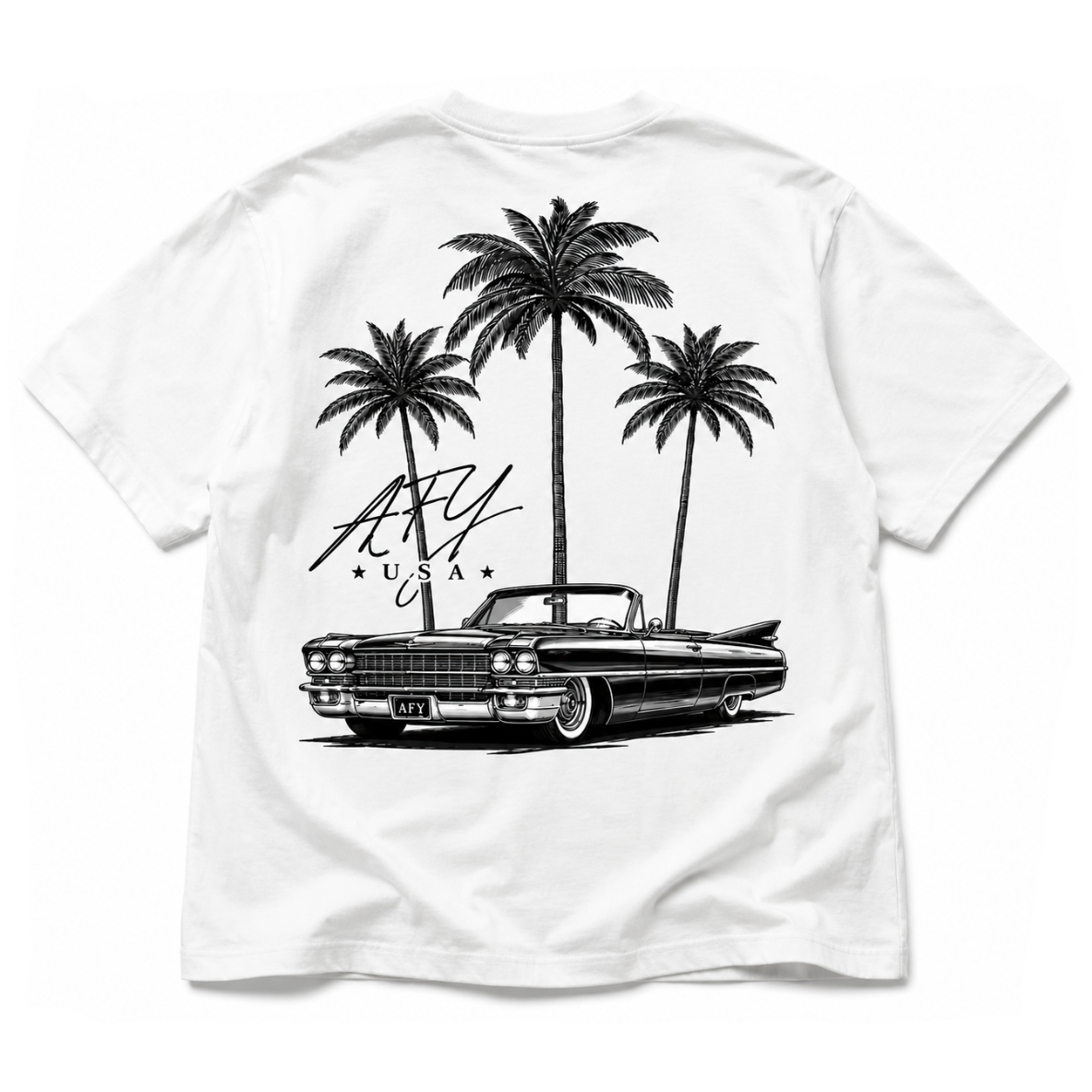 White short-sleeve T-shirt with a large black graphic print on the front featuring three palm trees, a vintage convertible car, and stylized text reading 'AFY USA'.